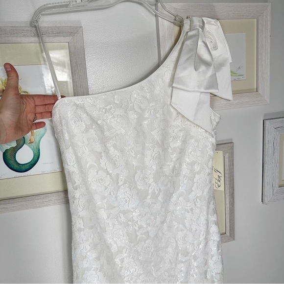 ELIZA J White Sequin Satin Bow One Shoulder Cocktail Dress Women’s Size 14 NWT - Picture 2 of 14